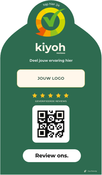 Ontwerp van een NFC-baliestandaard met logo, QR-code en Scan of tik