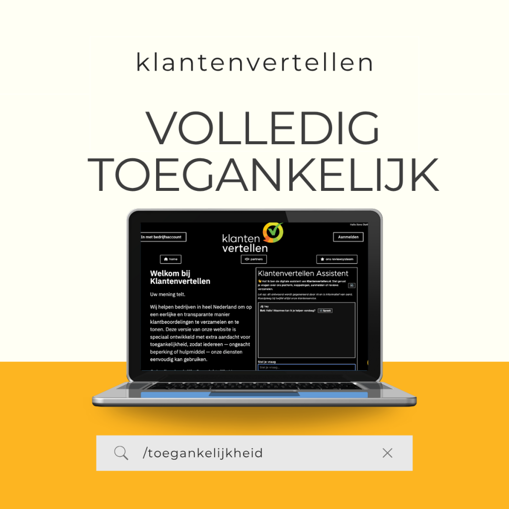 Laptop scherm toont de nieuwe toegankelijkheids pagina van Klantenvertellen